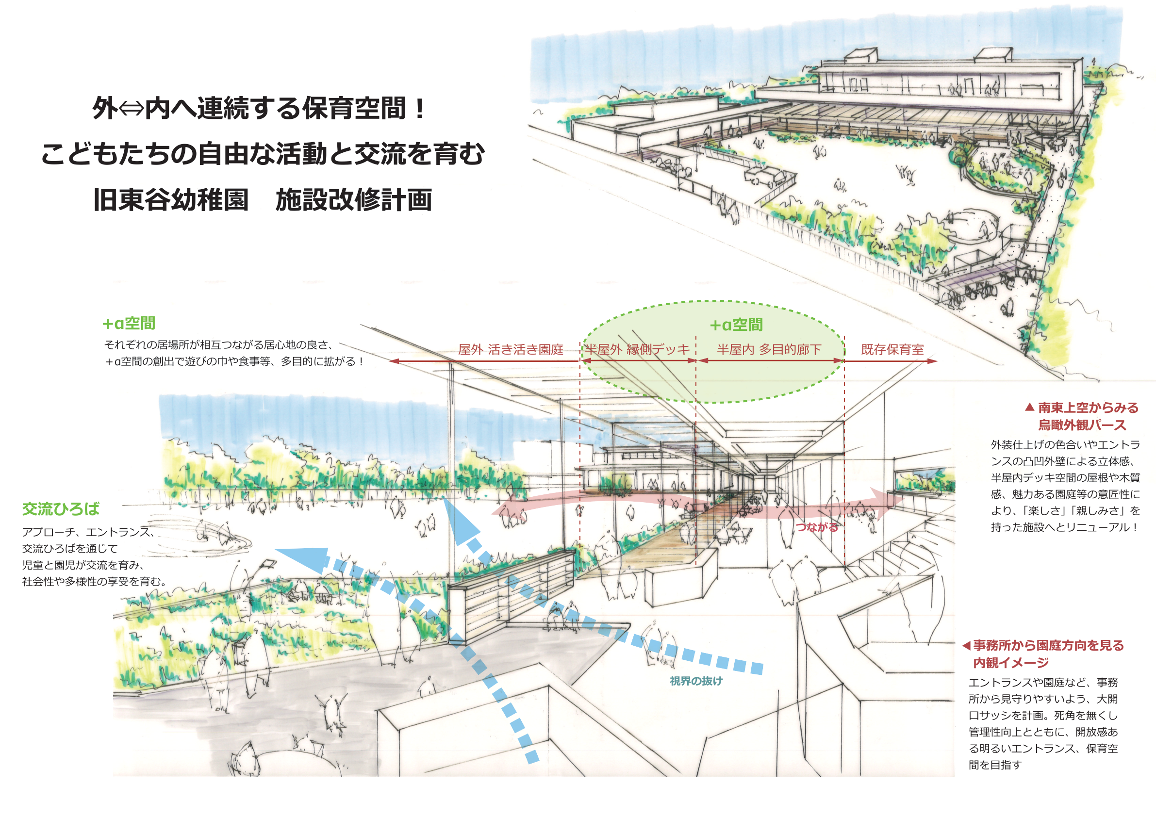 東谷こどもの空保育園の外観・内観パース（設計段階のイメージ）